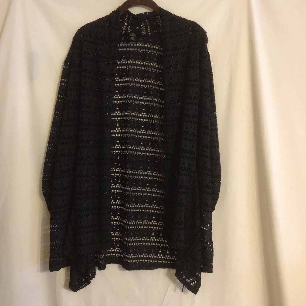 STYLE & CO. Open Front Black Eyelet Cardigan Jacket w/Rouched 3/4 Sleeves 2X